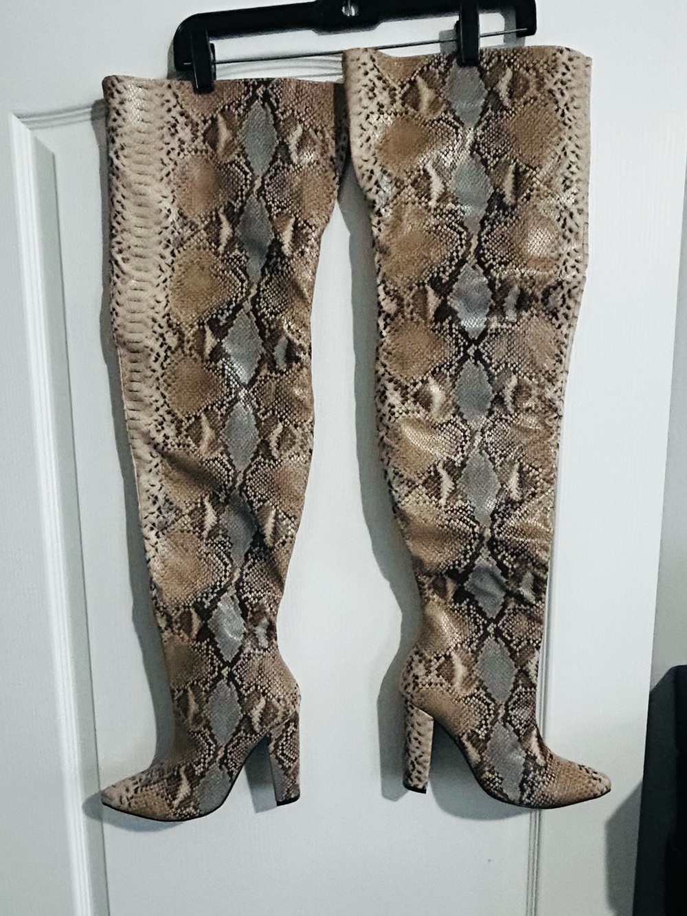 Fashion Nova Snake-Print Over-the-Knee, thigh hig Block Heel Boots - Beige Brown